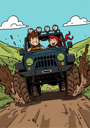 Le duo cartoon en gros 4x4 tout-terrain sur une bosse