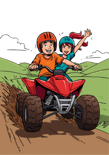 Le duo cartoon sur un quad rouge, gerbe de boue