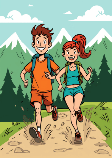 Le duo cartoon en trail dans une descente de sentier