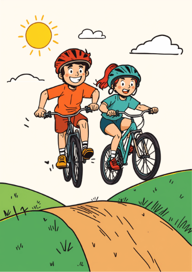Le duo cartoon à VTT sur un chemin de terre